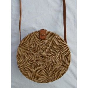 Boho Straw Rattan & Leather Hand Woven Crossbody Circle Bag Purse 8”